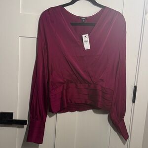 Express Satin V-Neck Balloon Sleeve Faux Wrap Top